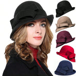 Four Flaire Women's Wool Hats – Elegant Retro Bowler Hat with Curling Bow