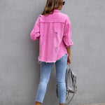 Four Flaire Women's Varsity Jacket – Fashion Ripped Shirt Jacket Casual Autumn Spring Tops
