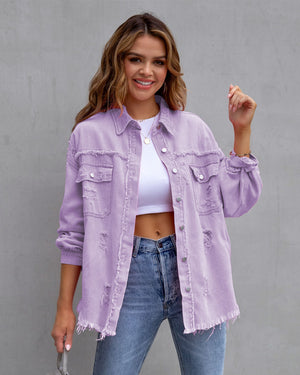 Four Flaire Women's Varsity Jacket – Fashion Ripped Shirt Jacket Casual Autumn Spring Tops
