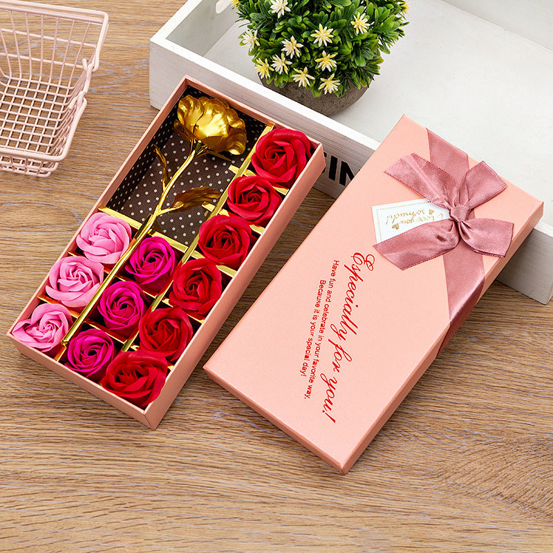 Flower Gift Box with 12 Soap Roses & Gold Leaf Rose – Elegant Gift | Four Flaire