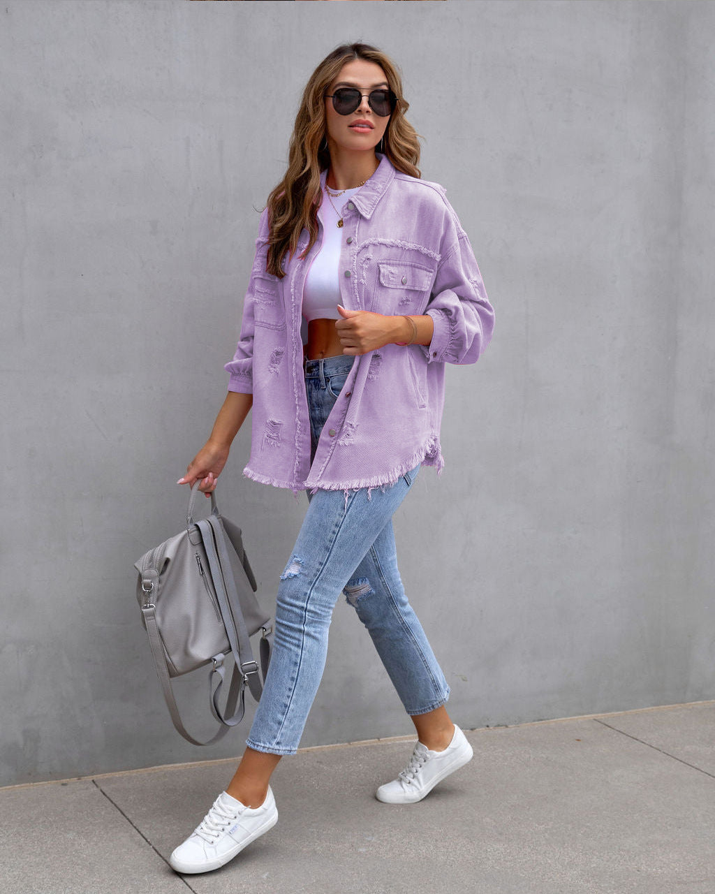 Four Flaire Women's Varsity Jacket – Fashion Ripped Shirt Jacket Casual Autumn Spring Tops