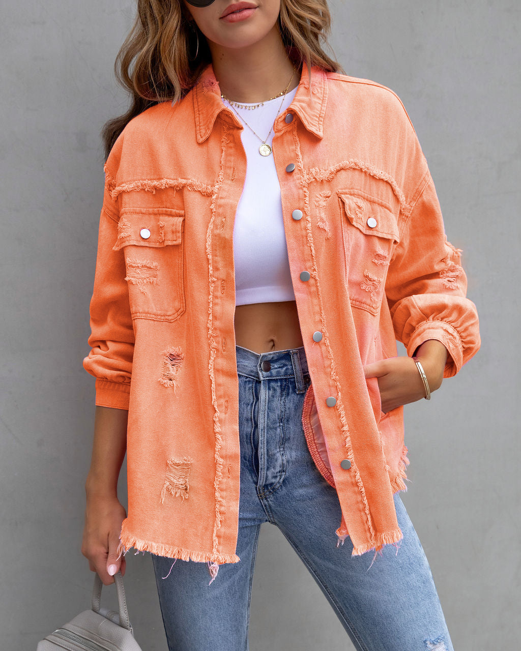 Four Flaire Women's Varsity Jacket – Fashion Ripped Shirt Jacket Casual Autumn Spring Tops