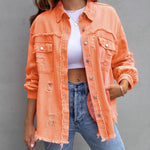 Four Flaire Women's Varsity Jacket – Fashion Ripped Shirt Jacket Casual Autumn Spring Tops