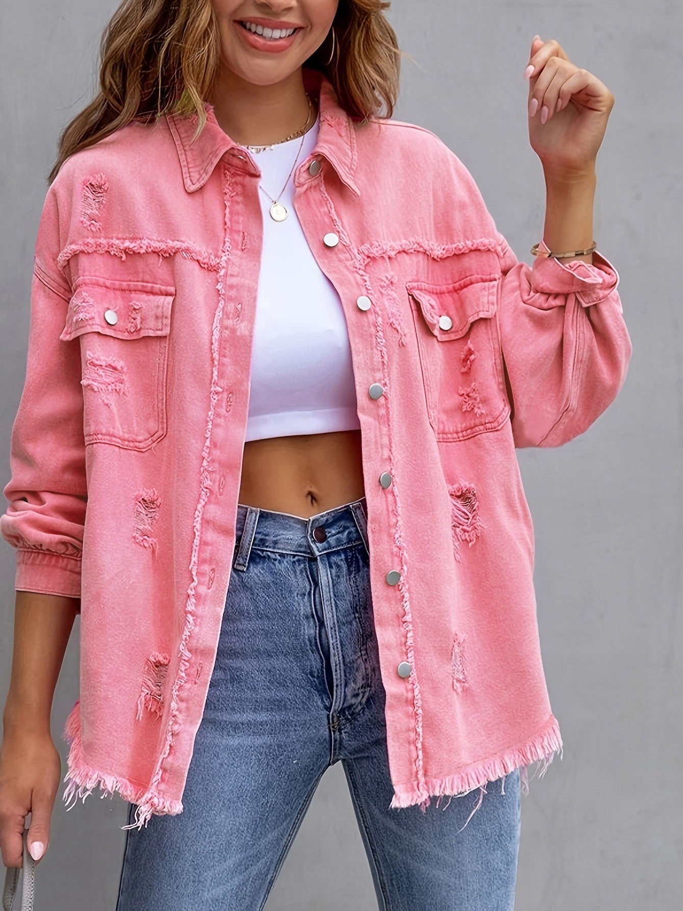 Four Flaire Women's Varsity Jacket – Fashion Ripped Shirt Jacket Casual Autumn Spring Tops