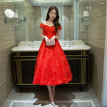 Four Flaire Red Short Dress – Elegant Shoulder-Length Evening Dress