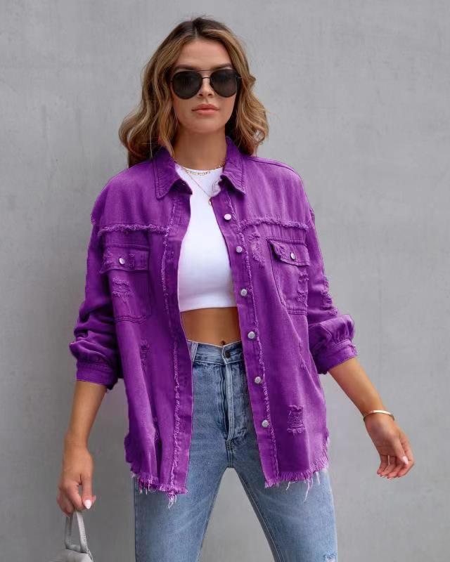 Four Flaire Women's Varsity Jacket – Fashion Ripped Shirt Jacket Casual Autumn Spring Tops