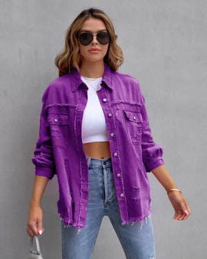 Four Flaire Women's Varsity Jacket – Fashion Ripped Shirt Jacket Casual Autumn Spring Tops