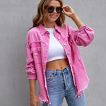 Four Flaire Women's Varsity Jacket – Fashion Ripped Shirt Jacket Casual Autumn Spring Tops