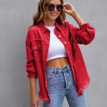 Four Flaire Women's Varsity Jacket – Fashion Ripped Shirt Jacket Casual Autumn Spring Tops