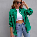Four Flaire Women's Varsity Jacket – Fashion Ripped Shirt Jacket Casual Autumn Spring Tops